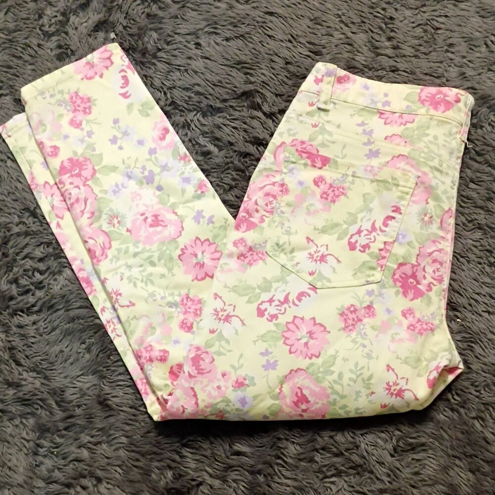 Liverpool Girls Floral Skinny Slim Fit Denim Jeans Size 12 Beige Pink Button